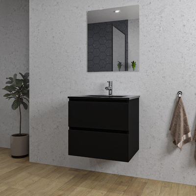 Saniclass Chaci Meuble de salle de bain - 60x46x55cm - lavabo en céramique noir - 1 vasque - 1 trou de robinet - 2 tiroirs - miroir rectangulaire - noir mat