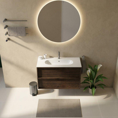 Saniclass Holz Frame Ensemble meuble de salle de bains - 100x45x73.9cm - Chaci lavabo en céramique blanc - 1 vasque - 1 trou de robinetterie - 2 tiroirs - chêne charcoal mat (bois)