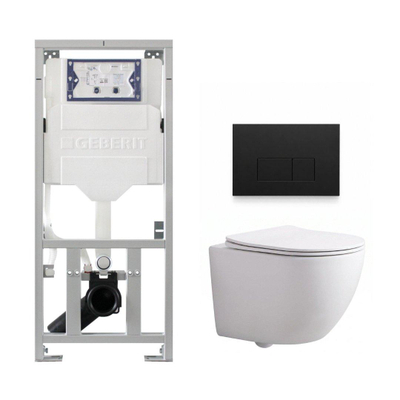QeramiQ Dely Swirl Compact Toiletset - inbouwreservoir Geberit UP320 - met Burda frame - slim zitting - kunststof bedieningsplaat mat zwart - rechthoekige knoppen - glans wit