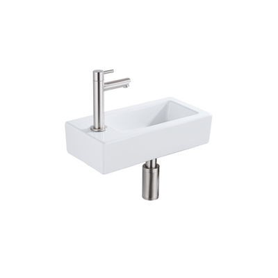 FugaFlow Efficiente Pietra Ensemble lave-mains - 37.5x18.5x9 cm - céramique - trou de robinet à gauche - robinet de lave-mains en inox brossé - bonde de vidage - siphon extra-plat - blanc brillant