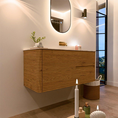 Mondiaz CIRO-DLUX Meuble de salle de bains - 110x45x50cm - lavabo solid surface Frappe - 1 vasque à droite - sans trous de robinetterie - 2 tiroirs - Chêne