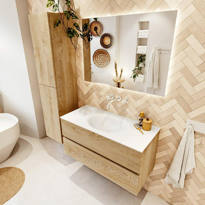 MONDIAZ VICA 100cm badmeubel onderkast Washed Oak 2 lades. Wastafel MOON midden zonder kraangat, kleur Talc.