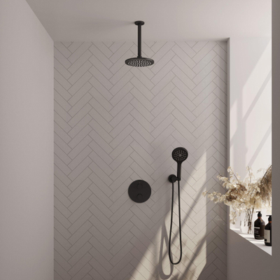 BRAUER Black Carving thermostatische Inbouw Regendouche - 3-weg - rond - set 83 - 20cm hoofddouche - plafondarm - 3-standen handdouche - doucheslang - wandaansluitbocht - mat zwart