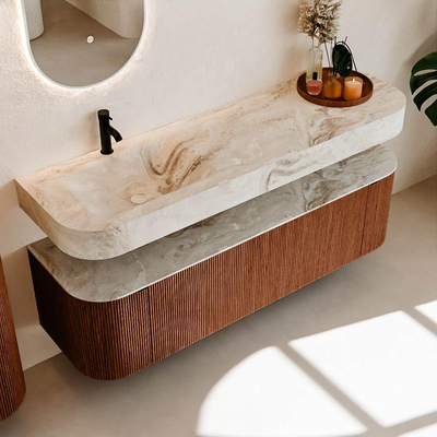 MONDIAZ THOR-DLUX 160cm meuble de salle de bains arrondi gauche + droite couleur Ruby avec 1 tiroir et 2 portes. Vasque suspendue CLOUD Gauche 1 trou de robinet couleur Frappe.