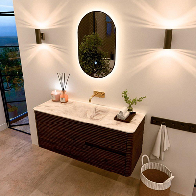 Mondiaz CIRO-DLUX Ensemble de meubles de salle de bains - 120x45x50cm - Vasque en solid surface Frappe - 1 bassin au milieu - sans trous de robinet - 2 tiroirs - Noyer