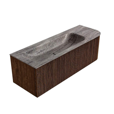 MONDIAZ KURVE-DLUX meuble de salle de bains 135cm arrondi droit couleur noyer avec 1 tiroir et 1 porte. Lavabo BIG MEDIUM gauche 1 trou de robinet Oza.