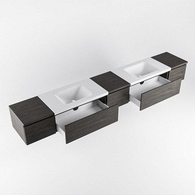 MONDIAZ BUKLA 280cm ensemble de meuble avec module 40 couleur Marron Foncé avec 5 tiroirs. Lavabo CLOUD double 2 trous de robinet couleur Talc.