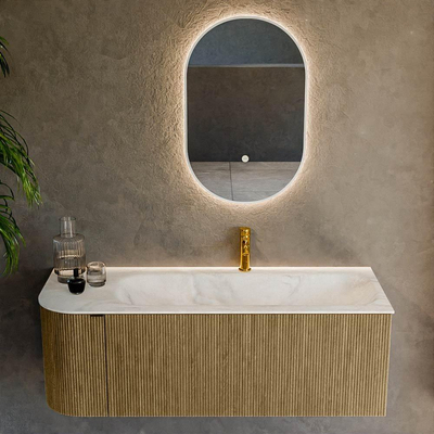 Ensemble de meuble de salle de bain Mondiaz KURVE-DLUX - 125x46x40cm - 1 tiroir - 1 porte - lavabo en solid surface - droite - 1 trou de robinet - Dusk