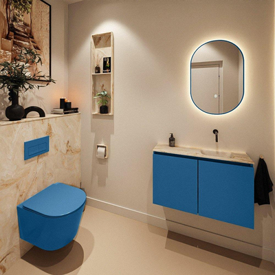 MONDIAZ TURE-DLUX Meuble toilette - 80cm - Jeans - EDEN - vasque Frappe - position droite - sans trou de robinet