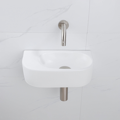 QeramiQ Fuente pack lave-mains – demi-rond – 40 x 21,5 x 12 cm – céramique blanc mat – robinet inox brossé