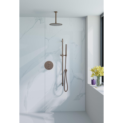 FugaFlow Eccelente Acces Inbouw Regendoucheset - rond - thermostatisch - plafondarm - glijstang - 25cm hoofddouche - staaf handdouche - gladde slang - Geborsteld koper PVD (Koper)