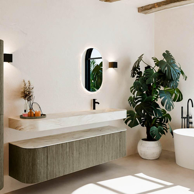 MONDIAZ THOR-DLUX 180cm meuble de salle de bains arrondi gauche + droite couleur Shadow avec 2 tiroirs et 2 portes. Vasque suspendue CLOUD Droite 1 trou de robinet couleur Ostra.