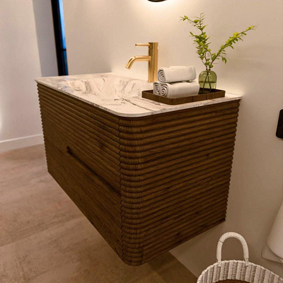 Mondiaz CIRO-DLUX Badkamermeubelset - 90x45x50cm - Solid surface wastafel Glace - 1 wasbak Midden - 1 kraangat - 2 lades - Dusk