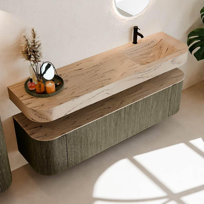 MONDIAZ THOR-DLUX Meuble de salle de bains 170cm arrondi gauche + droite couleur Shadow avec 1 tiroir et 2 portes. Vasque suspendue CLOUD Droite 1 trou de robinet couleur Arena.