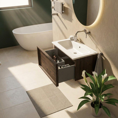 Saniclass Holz Frame Ensemble de meubles de salle de bains - 80x45x57.5cm - lavabo Torino en solid surface blanc - sans trou de robinetterie - 1 tiroir - chêne charcoal mat (bois)