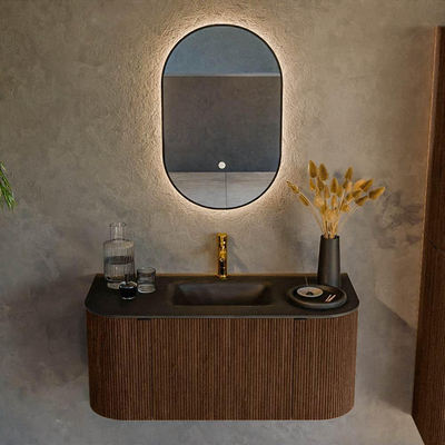 MONDIAZ KURVE 100cm Meuble salle de bain avec module 25 G et D - couleur Walnut - 1 tiroir - 2 portes - vasque GRUNNE centre - 1 trou de robinet - Urban