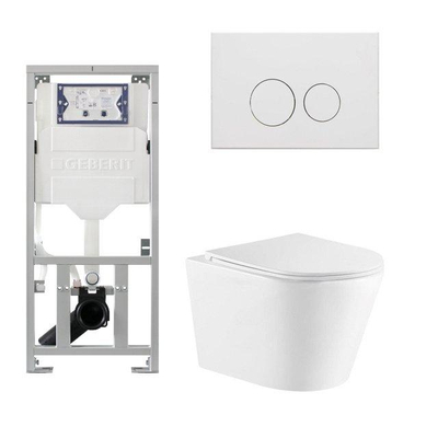 QeramiQ Dely Toiletset - 36.3x51.7cm - diepspoel - rimless - Geberit UP320 inbouwreservoir - met Burda frame - softclose toiletzitting - mat witte bedieningsplaat - ronde knoppen - wit glans