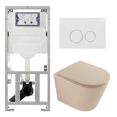 QeramiQ Dely Pack WC - 36,3x51,7cm - à fond creux - sans bride - réservoir encastré Geberit UP320 - abattant WC à fermeture douce - plaque de déclenchement blanche brillante - boutons ronds - beige mat