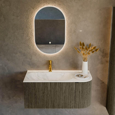 Mondiaz KURVE-DLUX Ensemble meuble de salle de bain - 95x46x40cm - 1 tiroir - 1 porte - lavabo solid surface - gauche - 1 trou de robinet - Shadow