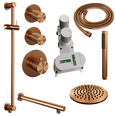 BRAUER Copper Carving inbouw regendoucheset – Ø20 cm hoofddouche – 40 cm rechte wandarm – staafhanddouche – glijstang 70 cm – 3 carving knoppen