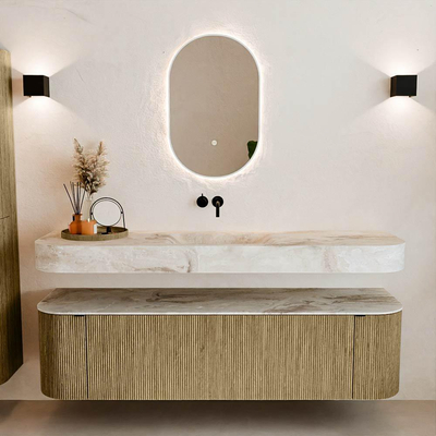 MONDIAZ THOR-DLUX 170cm meuble de salle de bains arrondi gauche + droite couleur Dusk avec 1 tiroir et 2 portes. Vasque suspendue CLOUD Centre sans trou de robinet couleur Frappe.