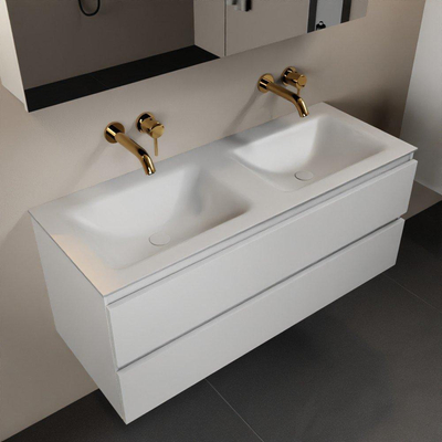 Mondiaz AIVY Ensemble de meuble - 120x45x50cm - 0 trous de robinet - 2 vasques Talc Solid surface - Gauche et droite - 2 tiroirs - avec armoire de toilette - MDF Talc