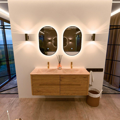 Mondiaz CIRO-DLUX Badkamermeubelset - 130x45x50cm - Solid surface wastafel Saba - 2 wasbak Dubbel - 2 kraangaten - 4 lades - Oak