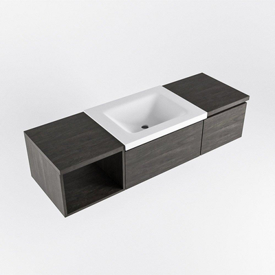 MONDIAZ BUKLA meuble de salle de bain 140cm avec module ouvert 40 à gauche couleur Marron Foncé avec 2 tiroirs. Lavabo CLOUD centre 1 trou de robinet couleur Talc.