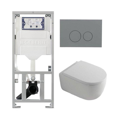 QeramiQ Dely Swirl Ensemble WC - 36.3x51.7cm - réservoir encastré Geberit UP320 - avec cadre Burda - abattant 35mm - plaque de commande gris clair - boutons ronds - blanc brillant