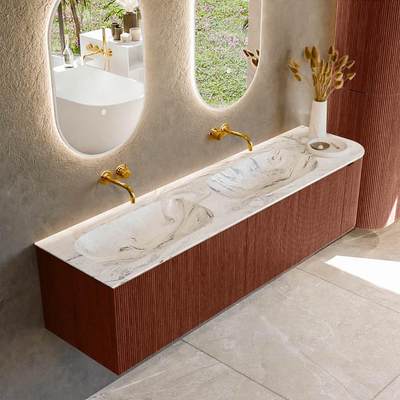 Ensemble de meuble de salle de bain Mondiaz KURVE-DLUX - 175x46x40cm - 2 tiroirs - 1 porte - lavabo en solid surface - double / gauche - sans trou de robinet - Ruby