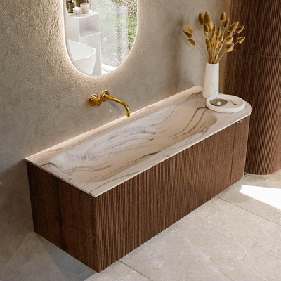 MONDIAZ KURVE-DLUX Meuble de salle de bains 125cm arrondi à droite couleur Walnut avec 1 tiroir et 1 porte. Lavabo BIG MEDIUM à gauche sans trou de robinet Nata.