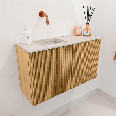 Mondiaz JOYA-DLUX 70cm toiletmeubel - kleur Oak - Wastafel FAYE positie Links Zonder kraangat kleur Nata.