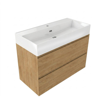 Saniclass Holz Pure Ensemble meuble de salle de bains - 100x45x72cm - Legend lavabo en céramique blanc - 1 vasque - 1 trou de robinetterie - 2 tiroirs - chêne natural mat (bois)