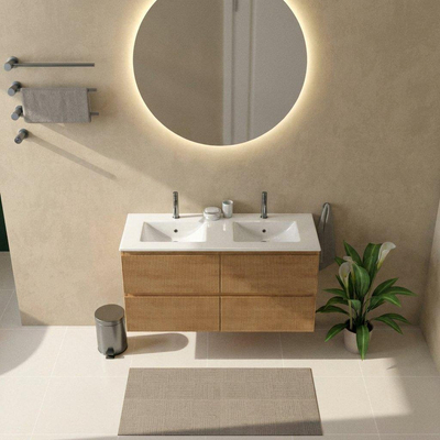 Saniclass Holz Atelier Ensemble meuble de salle de bains - 120x45x62cm - lavabo Vygo en céramique blanc - 2 vasques - 2 trous de robinetterie - 2 tiroirs - chêne natural mat (bois)