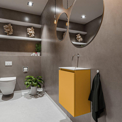 MONDIAZ TURE Toiletmeubel 40x23x50cm met 0 kraangaten 1 deuren ocher mat Wastafel Eden links Solid Surface Wit