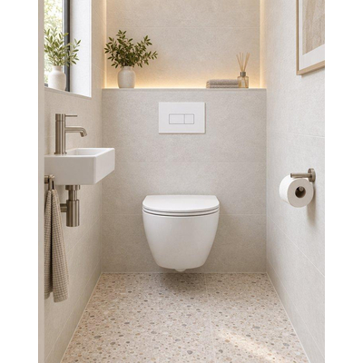 QeramiQ Dely Swirl Ensemble WC Compact - réservoir encastré QeramiQ flush - abattant fin - plaque de commande métallique blanc mat - boutons rectangulaires - blanc brillant