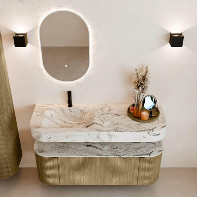 MONDIAZ THOR-DLUX 130cm meuble de salle de bains arrondi gauche + droite couleur Dusk avec 1 tiroir et 2 portes. Vasque suspendue CLOUD Gauche 1 trou de robinet couleur Glace.