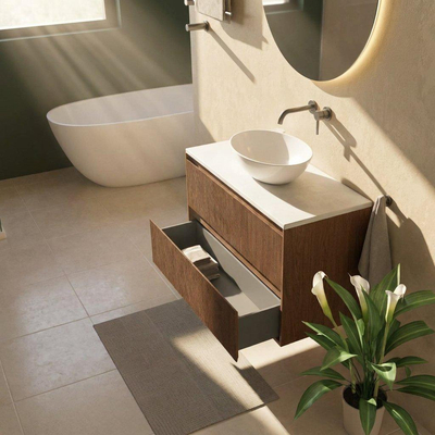 Saniclass Holz Atelier Ensemble de meuble de salle de bains - 100x45x62,5cm - plan de toilette Torino en solid surface blanc - sans trou de robinetterie - 2 tiroirs - noyer pur mat (bois)