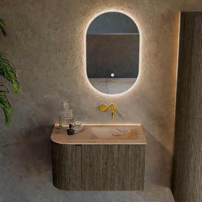 MONDIAZ KURVE-DLUX Meuble de salle de bains 75cm arrondi à gauche couleur Shadow avec 1 tiroir et 1 porte. Lavabo GRUNNE à droite sans trou de robinet Arena.