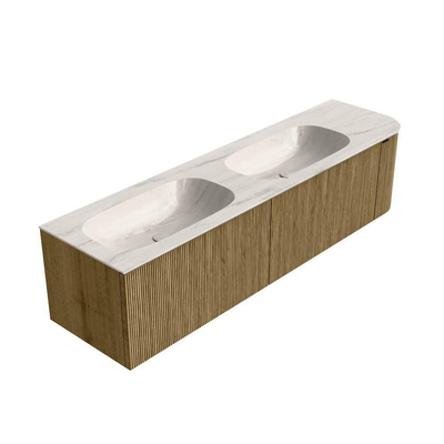 MONDIAZ KURVE-DLUX 175cm meuble de salle de bains arrondi Droite couleur Dusk avec 2 tiroirs et 1 porte. Lavabo STOR SMALL Double / Gauche 2 trous de robinet Meli.