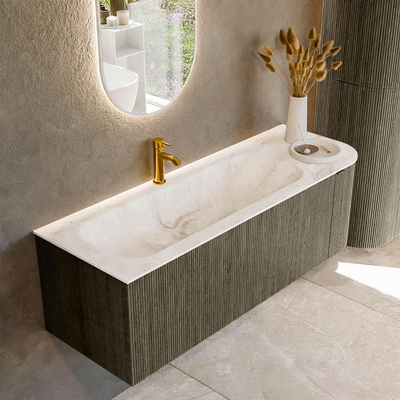 Mondiaz KURVE-DLUX Ensemble de meuble de salle de bains - 135x46x40cm - 1 tiroir - 1 porte - lavabo solid surface - gauche - 1 trou de robinet - Shadow
