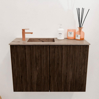 Mondiaz JOYA-DLUX 60cm toiletmeubel - kleur Walnut - Wastafel FAYE positie Links 1 kraangat kleur Arena.