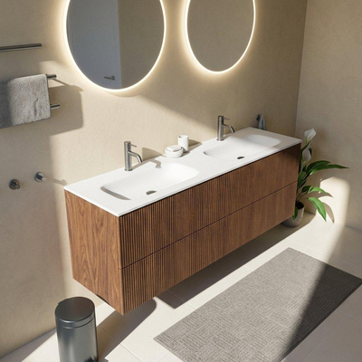 Saniclass Holz Atelier Ensemble meuble de salle de bains - 160x45x61.5cm - lavabo Flow en solid surface blanc - 2 vasques - 2 trous de robinetterie - 4 tiroirs - noyer pure mat (bois)