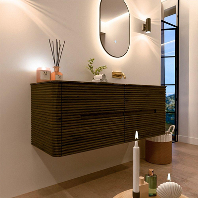 Mondiaz CIRO-DLUX Meuble de salle de bains complet - 130x45x50cm - Plan vasque solid surface Lava - 1 lavabo à droite - sans trous de robinet - 4 tiroirs - Shadow