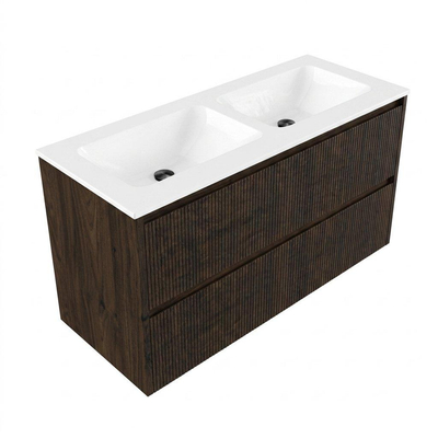 Saniclass Holz Atelier Ensemble meuble de salle de bains - 120x45x77.5cm - lavabo Torino solid surface blanc - sans trou de robinetterie - 2 tiroirs - chêne charcoal mat (bois)