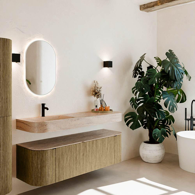 MONDIAZ THOR-DLUX 150cm meuble de salle de bains arrondi gauche + droite couleur Dusk avec 1 tiroir et 2 portes. Vasque suspendue CLOUD gauche 1 trou de robinet couleur Saba.