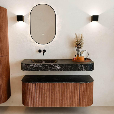 MONDIAZ THOR-DLUX 120cm meuble de salle de bains arrondi gauche + droite couleur Ruby avec 1 tiroir et 2 portes. Vasque suspendue CLOUD Gauche sans trou de robinet couleur Lava.