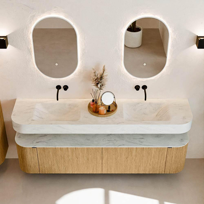 MONDIAZ THOR-DLUX Meuble de salle de bains - 190cm - arrondi gauche + droite - couleur Oak - 2 tiroirs et 2 portes - Vasque suspendue CLOUD Double sans trou de robinet - couleur Opalo