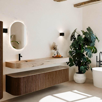 MONDIAZ THOR-DLUX 190cm meuble de salle de bains arrondi gauche + droite couleur Walnut avec 2 tiroirs et 2 portes. Vasque suspendue CLOUD gauche 1 trou de robinet couleur Arena.