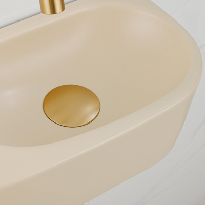 QeramiQ Fuente pack lave-mains – demi-rond – 40 x 21,5 x 12 cm – céramique beige – robinet doré brossé